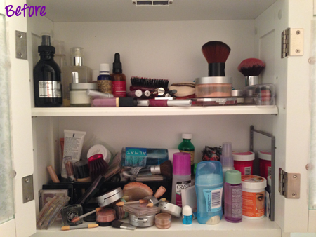Cluttered cupboard before being organized by Mess Marshal
